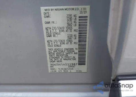 2020 Nissan Murano Platinum Intelligent Awd z USA, uszkodzony, nr VIN 5N1AZ2DS7LN111987